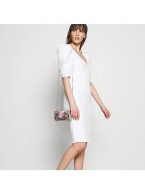 BARDOT | Fergie Textured Cream White Puff Sleeve Midi Sheath Dress | Medium